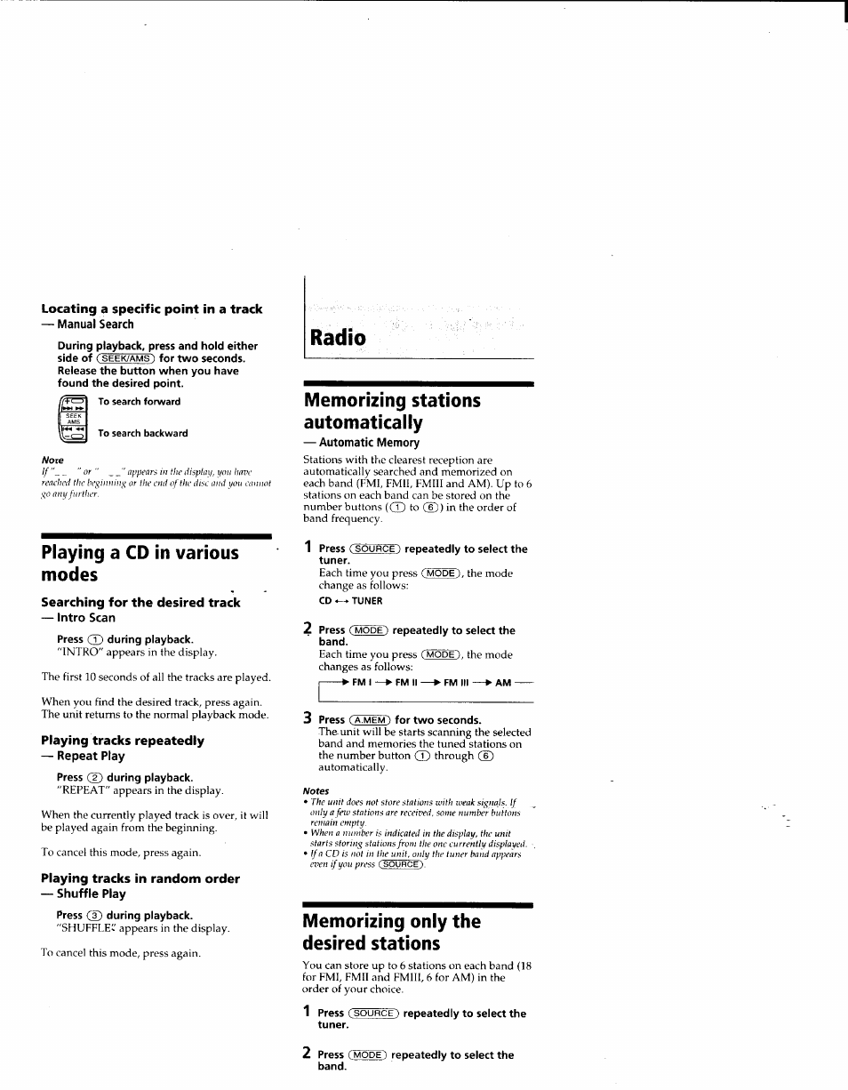 Locating a specific point in a track, Playing a cd in various modes, Searching for the desired track | Playing tracks repeatedly, Playing tracks in random order, Memorizing stations automatically, Memorizing only the desired stations, Radio, Seek/ams, Mode) | Sony CDX-4160 User Manual | Page 6 / 14
