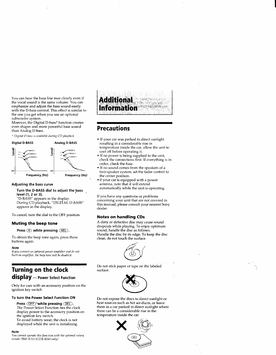 Muting the beep tone, Turning on the clock, Precautions | Notes on handling cds, Additional information, I^j'v, Turning on the clock display | Sony CDX-4160 User Manual | Page 8 / 14