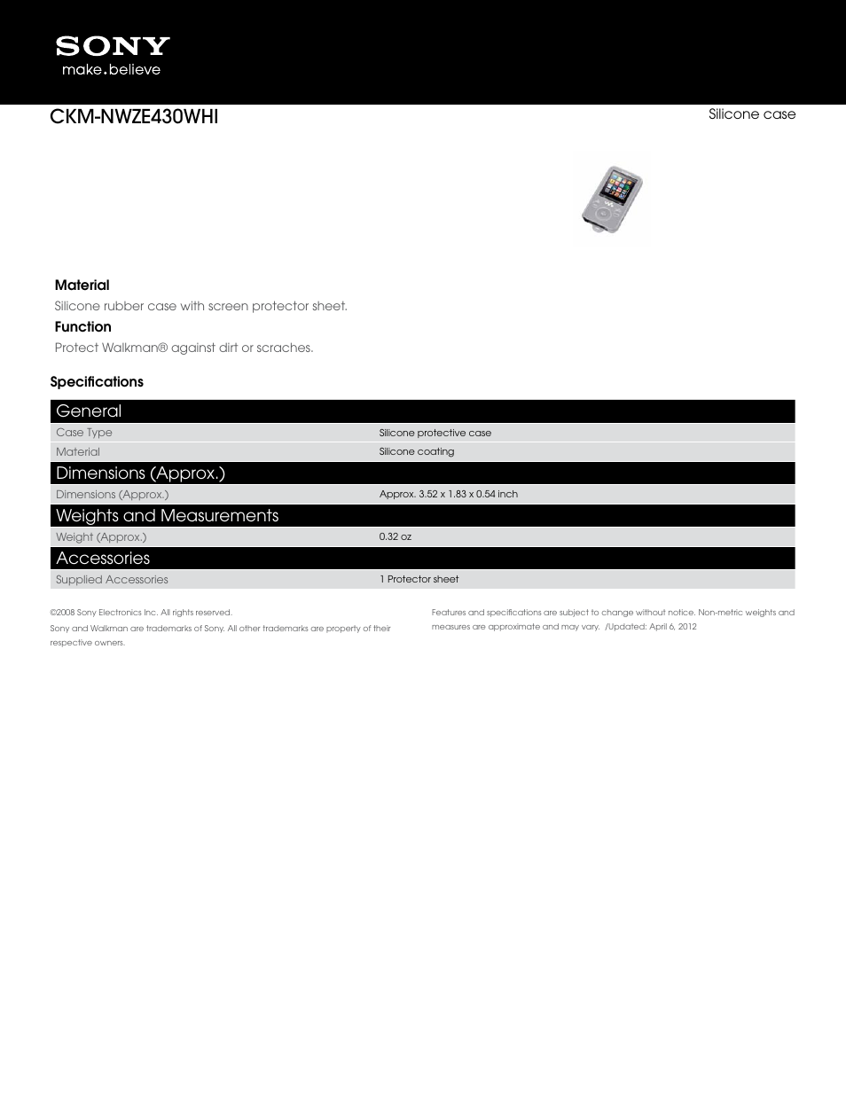 Sony CKM-NWZE430WHI User Manual | 1 page