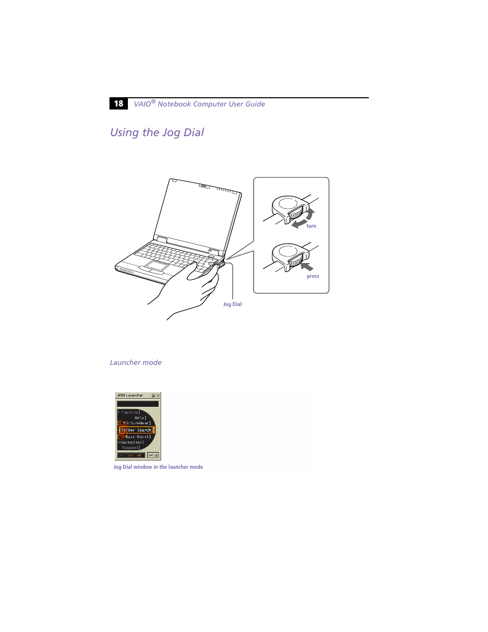Using the jog dial | Sony PCG-XG9 User Manual | Page 30 / 119