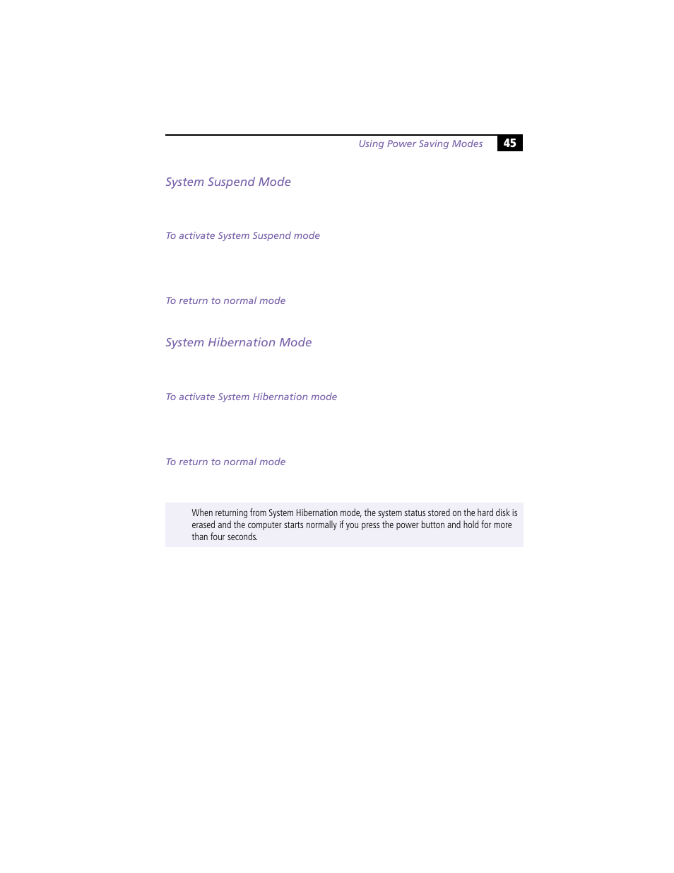 System suspend mode, System hibernation mode, System suspend mode system hibernation mode | Sony PCG-XG9 User Manual | Page 57 / 119