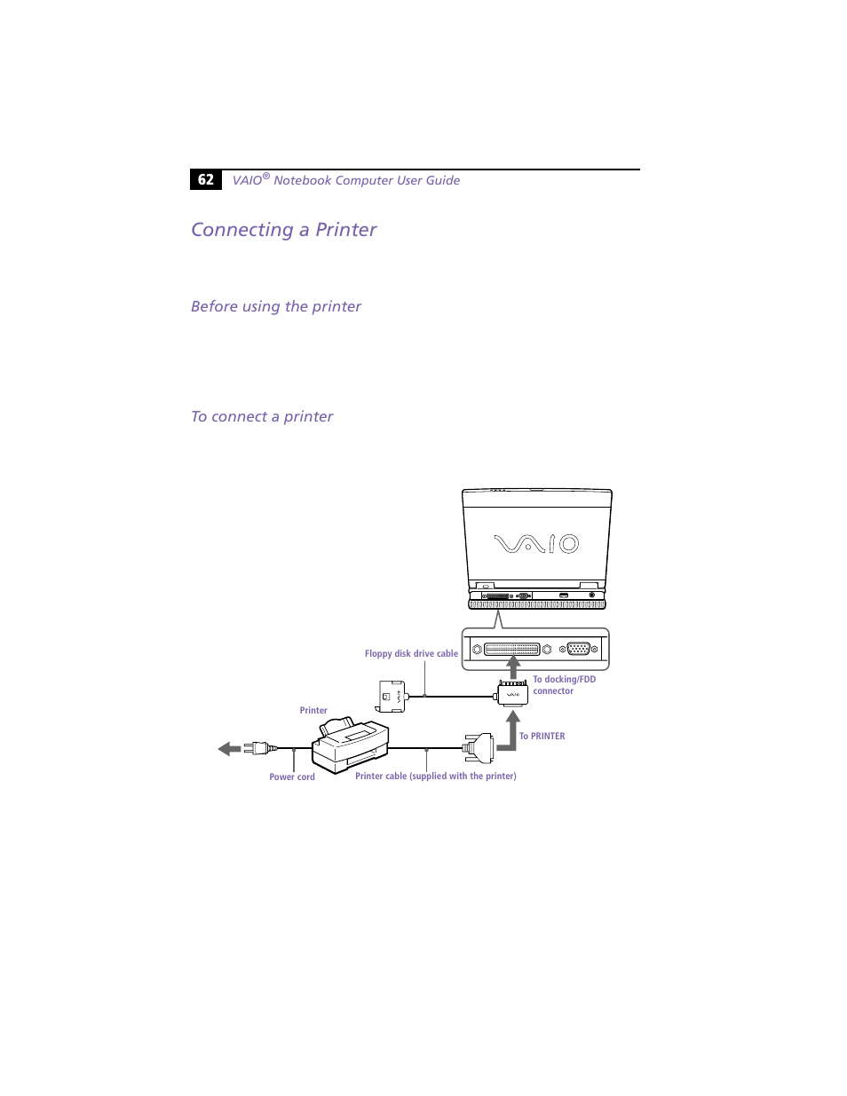 Connecting a printer, Before using the printer, To connect a printer | Before using the printer to connect a printer | Sony PCG-XG9 User Manual | Page 74 / 119