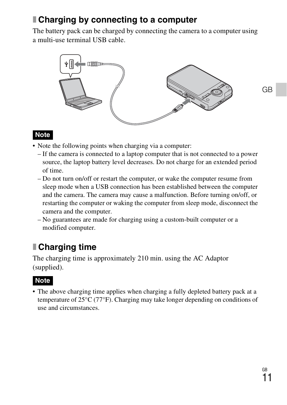 Xcharging by connecting to a computer, Xcharging time | Sony DSC-WX9 User Manual | Page 11 / 56