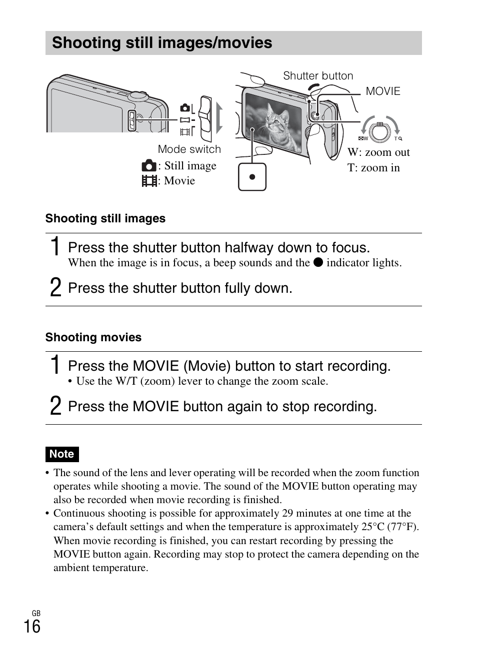 Shooting still images/movies | Sony DSC-WX9 User Manual | Page 16 / 56