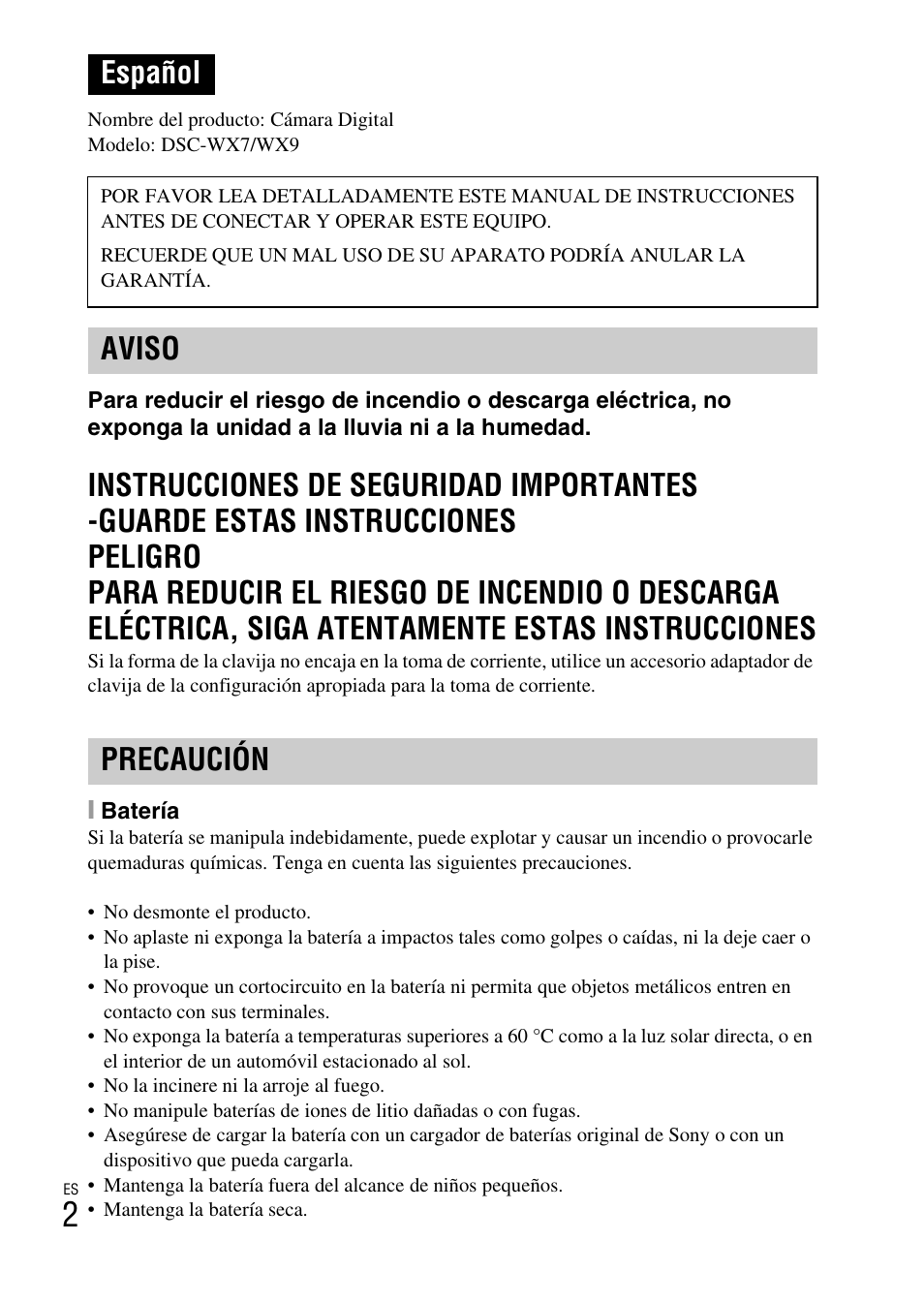 Español, Aviso precaución | Sony DSC-WX9 User Manual | Page 30 / 56