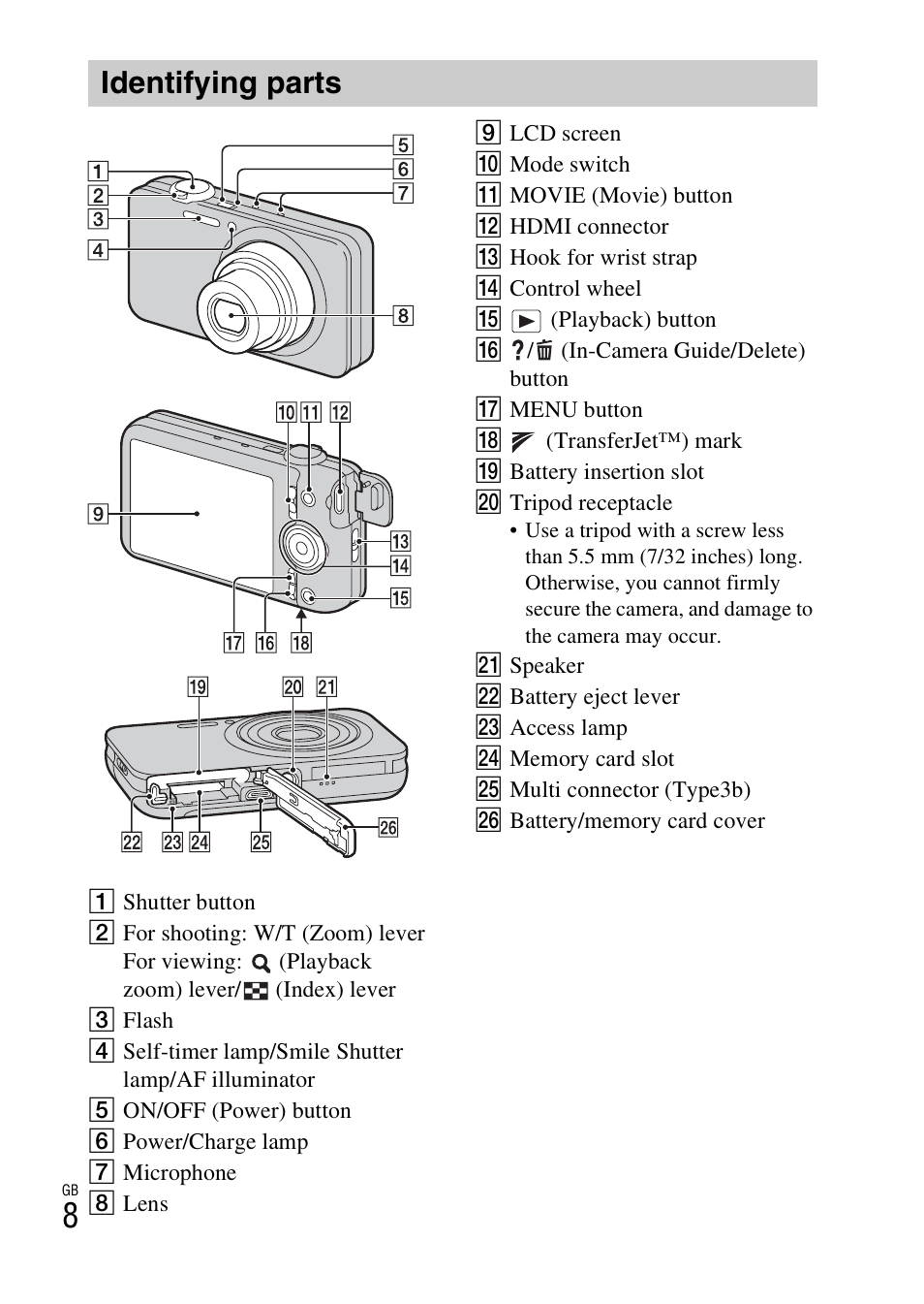 Identifying parts | Sony DSC-WX9 User Manual | Page 8 / 56