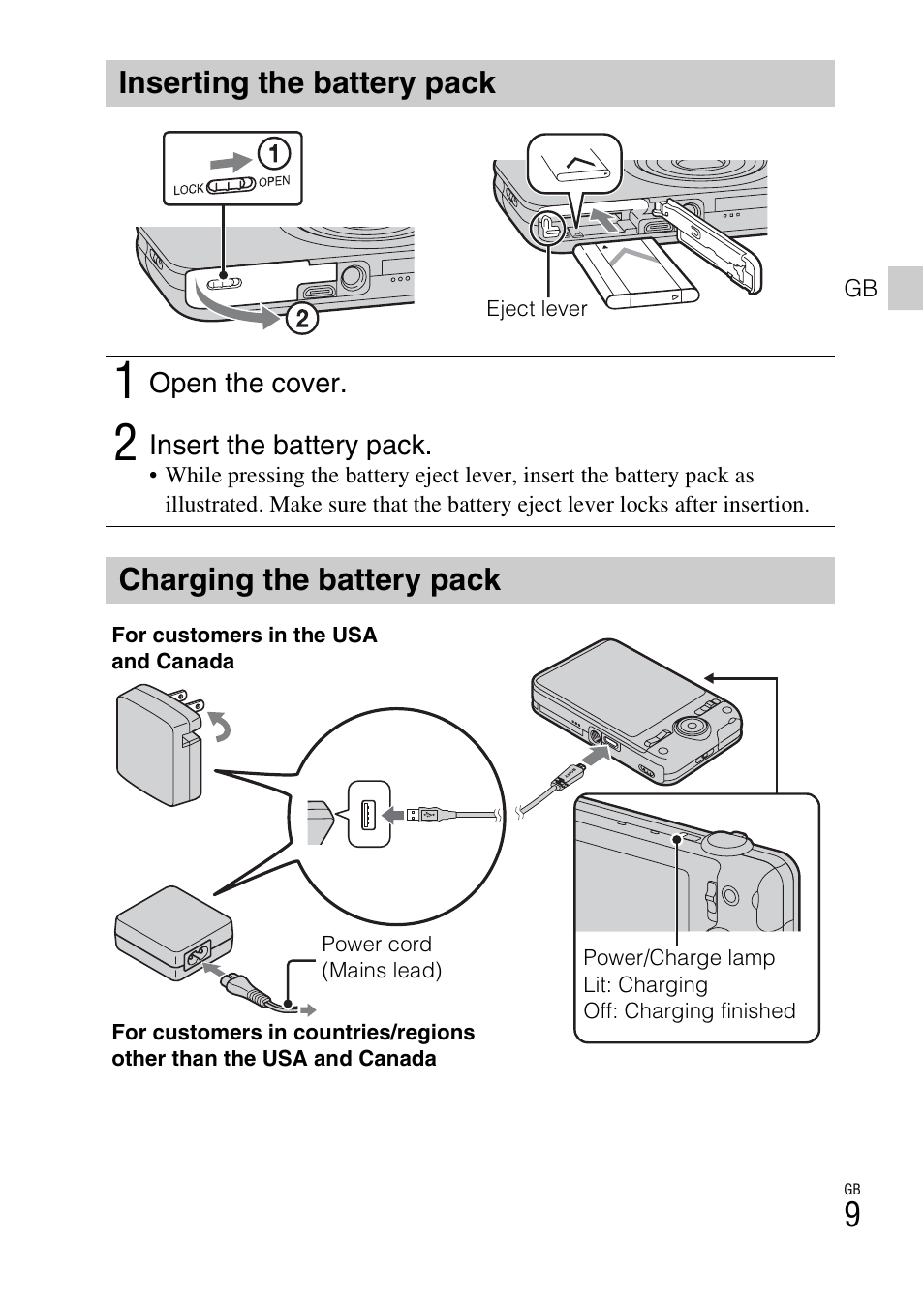 Inserting the battery pack, Charging the battery pack | Sony DSC-WX9 User Manual | Page 9 / 56