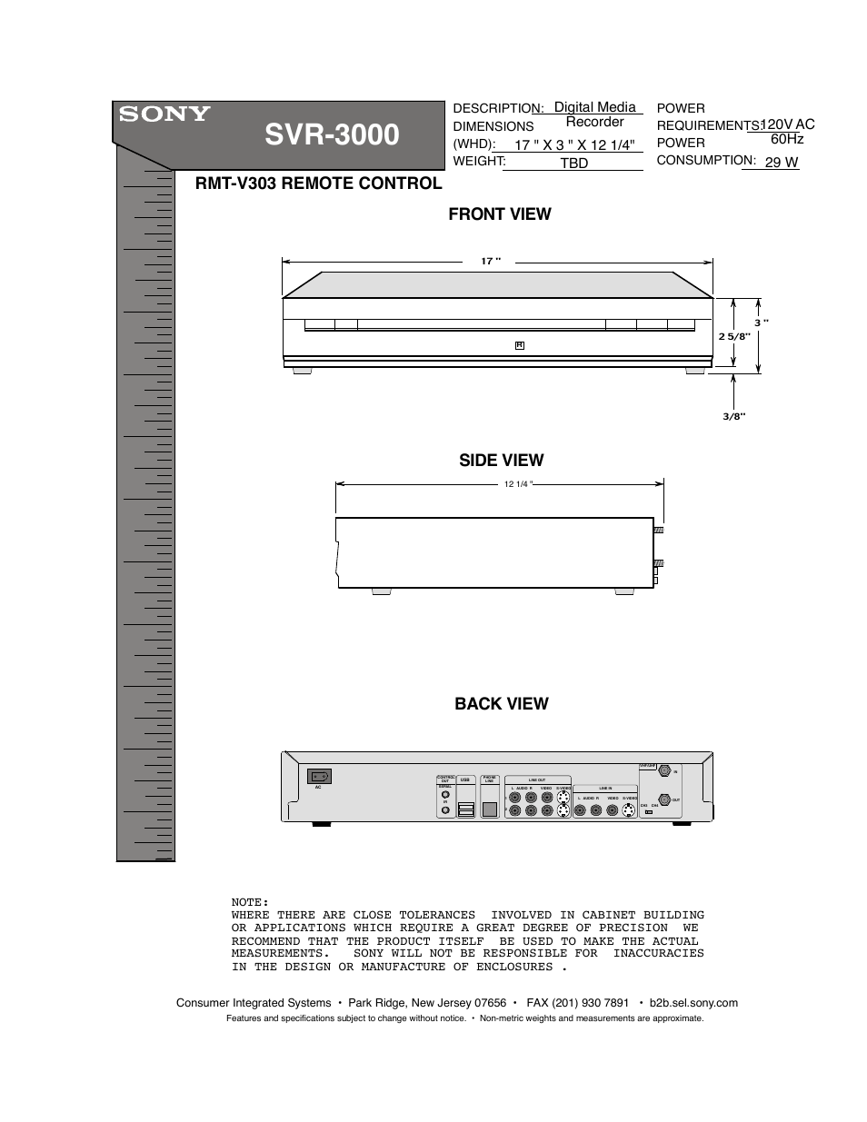 Sony SVR-3000 User Manual | 1 page