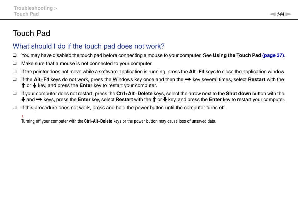 Touch pad, What should i do if the touch pad does not work | Sony VPCY118GX User Manual | Page 144 / 154