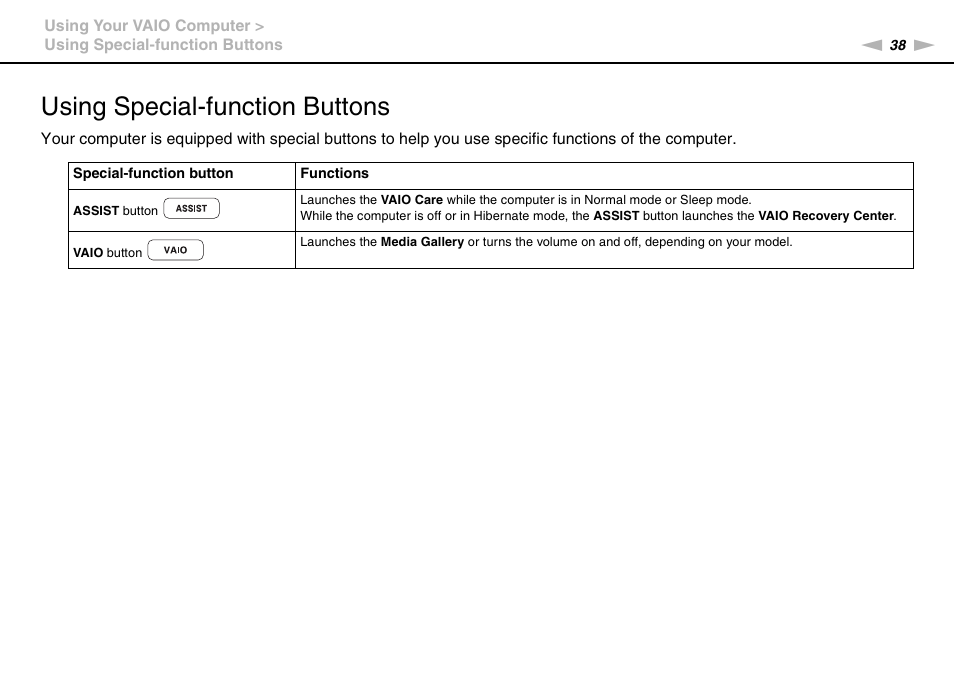 Using special-function buttons | Sony VPCY118GX User Manual | Page 38 / 154