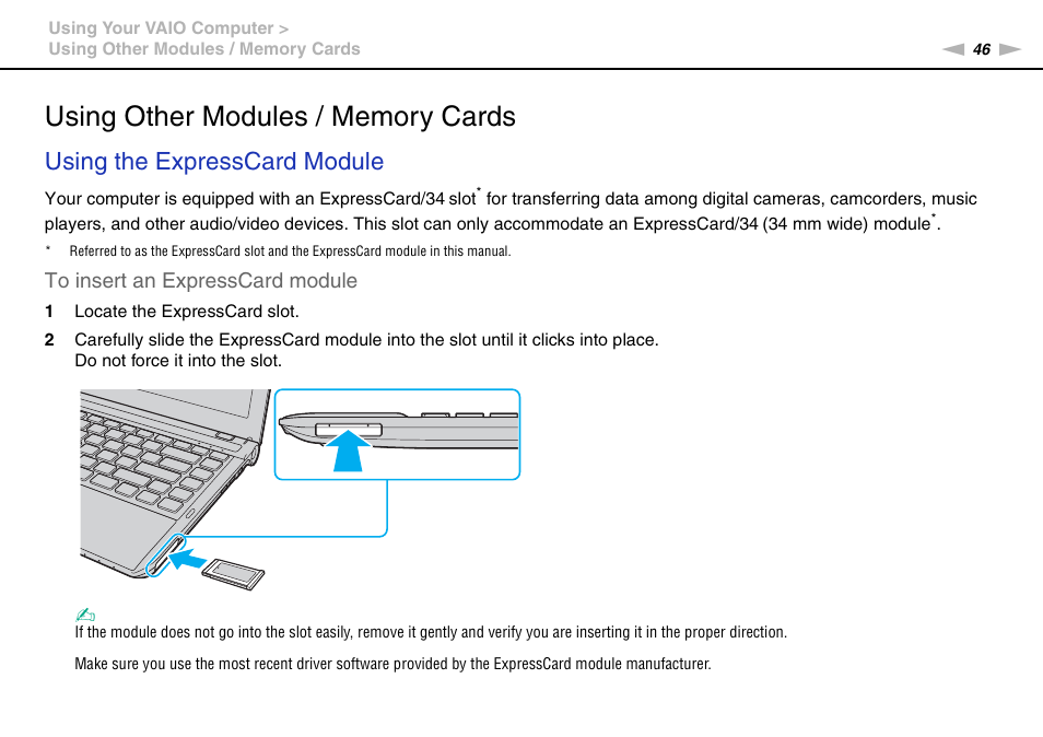 Using other modules / memory cards, Using the expresscard module | Sony VPCY118GX User Manual | Page 46 / 154