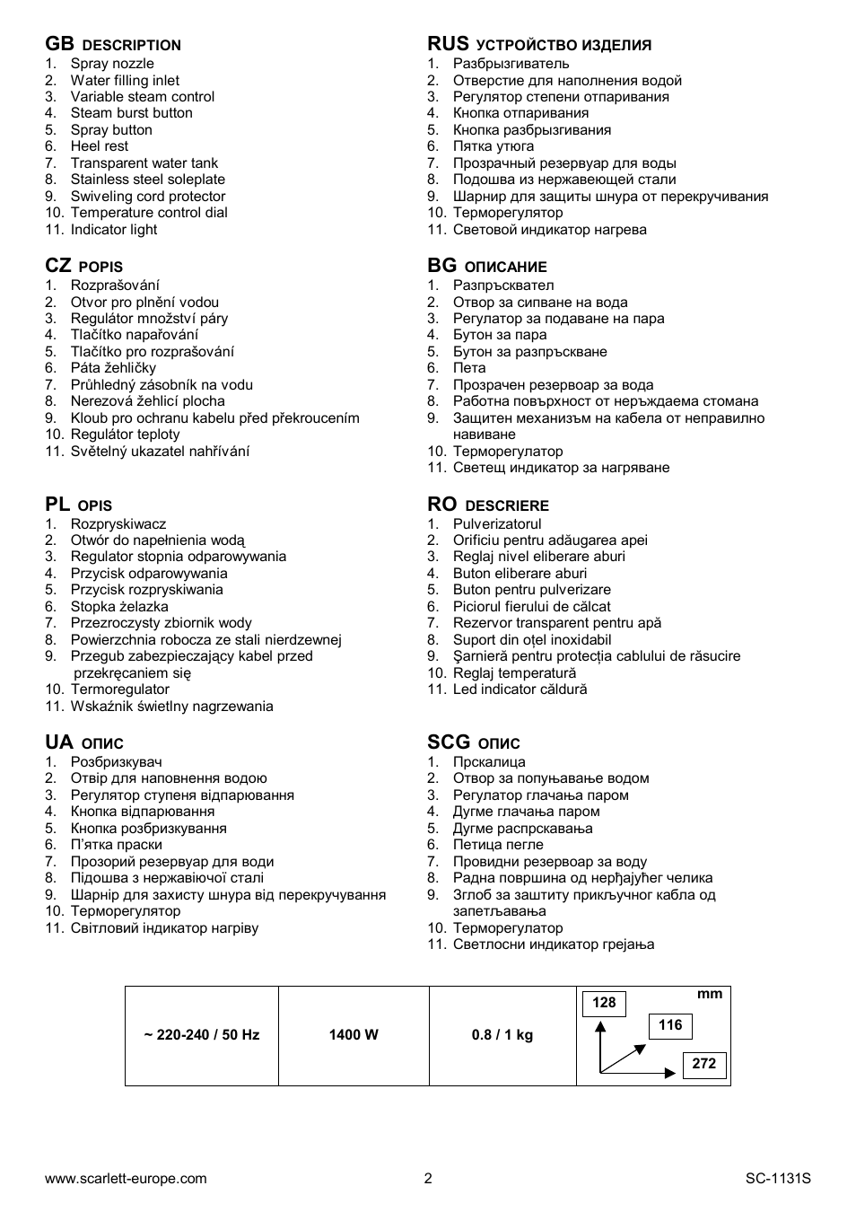 Ua scg | Scarlett SC-1131S User Manual | Page 2 / 25