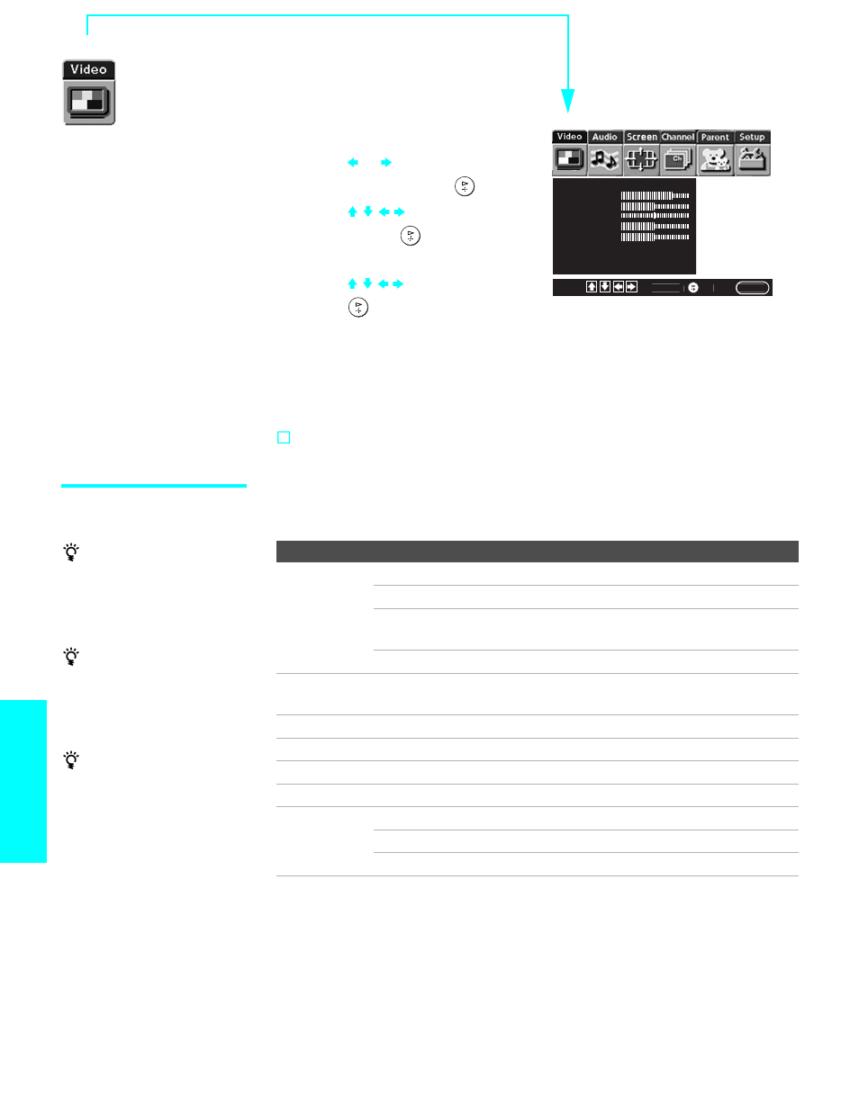 Using the video menu, Selecting video options, Menus | Sony KE-42XBR900 User Manual | Page 80 / 112