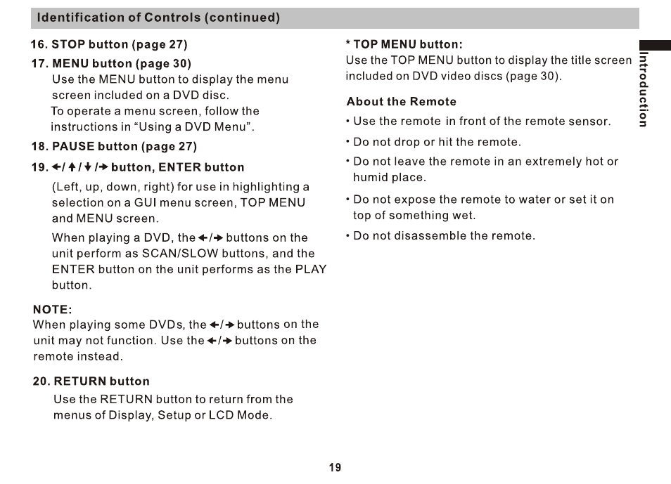 ◄■/4/f/■►button, enter button, Note, Return button | About the remote | Sony DVP-FX810 User Manual | Page 19 / 52