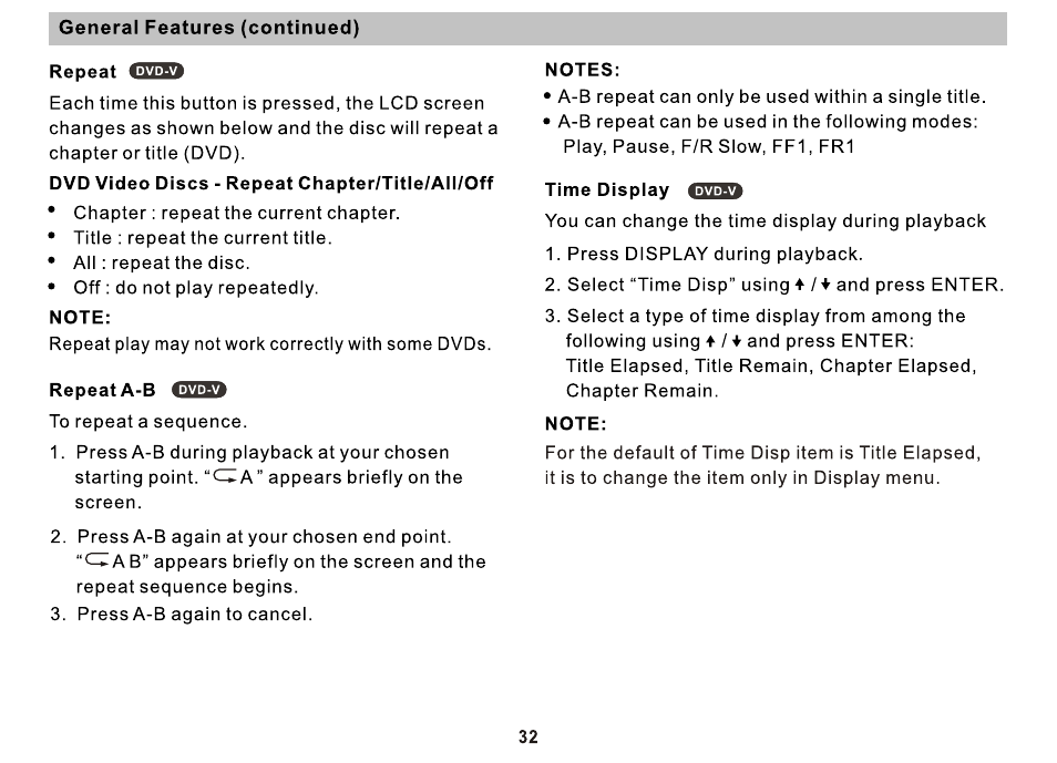 Repeat <ззю, Note, Repeata-b | Notes, Time display | Sony DVP-FX810 User Manual | Page 32 / 52