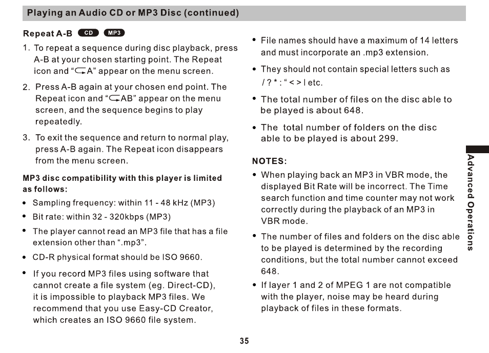 Repeat a-b db limv, Notes | Sony DVP-FX810 User Manual | Page 35 / 52