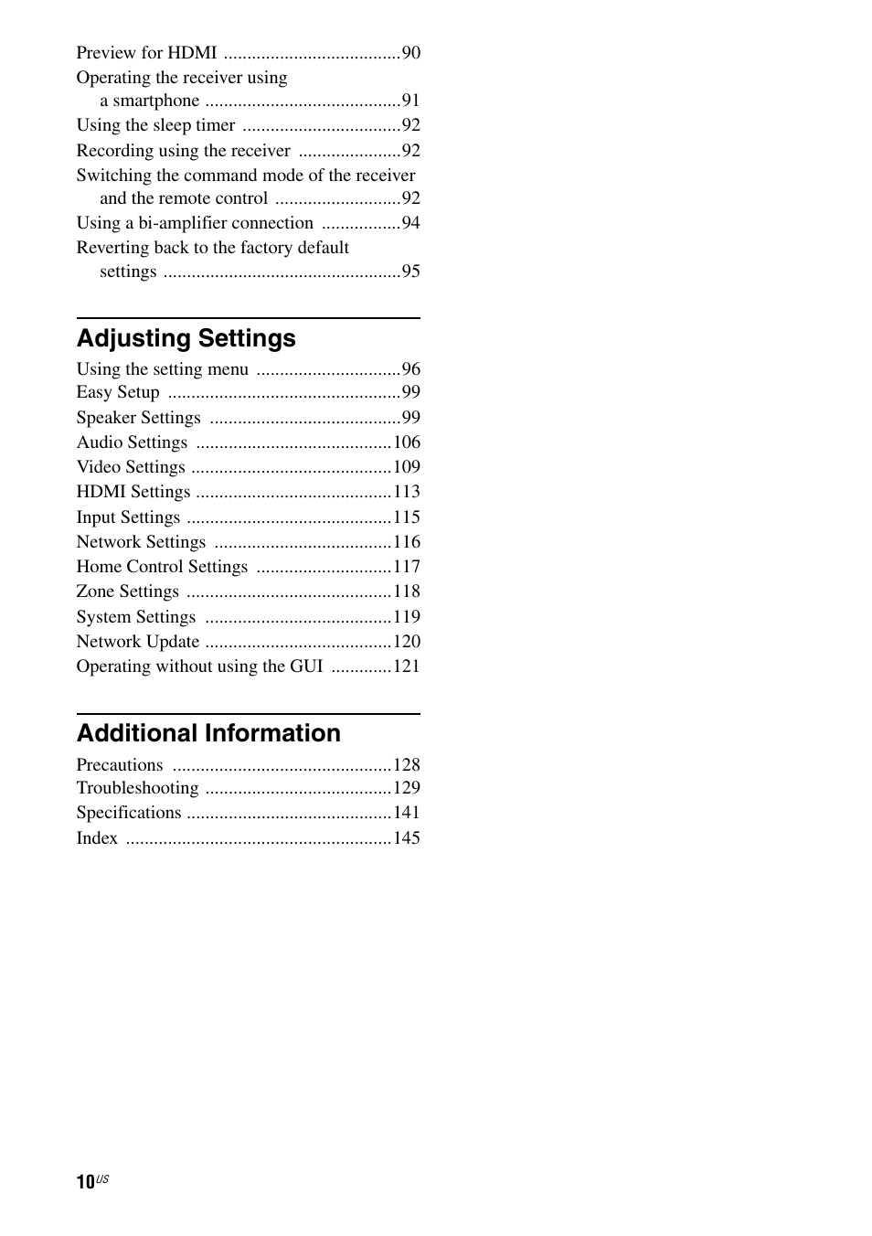 Adjusting settings, Additional information | Sony STR-DA5800ES User Manual | Page 10 / 147