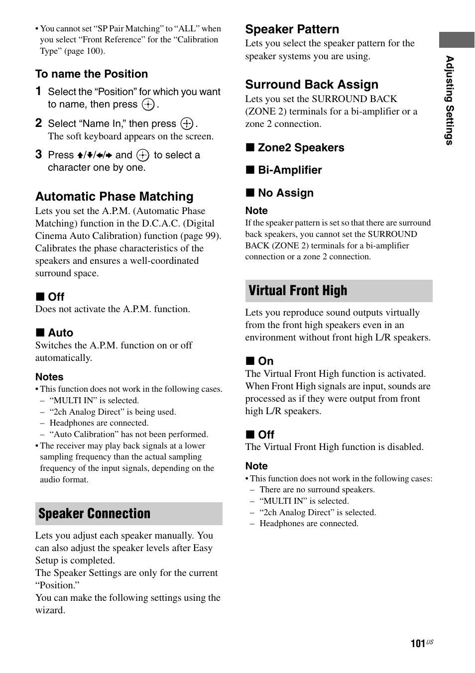 Speaker connection virtual front high, Automatic phase matching, Speaker pattern | Surround back assign | Sony STR-DA5800ES User Manual | Page 101 / 147