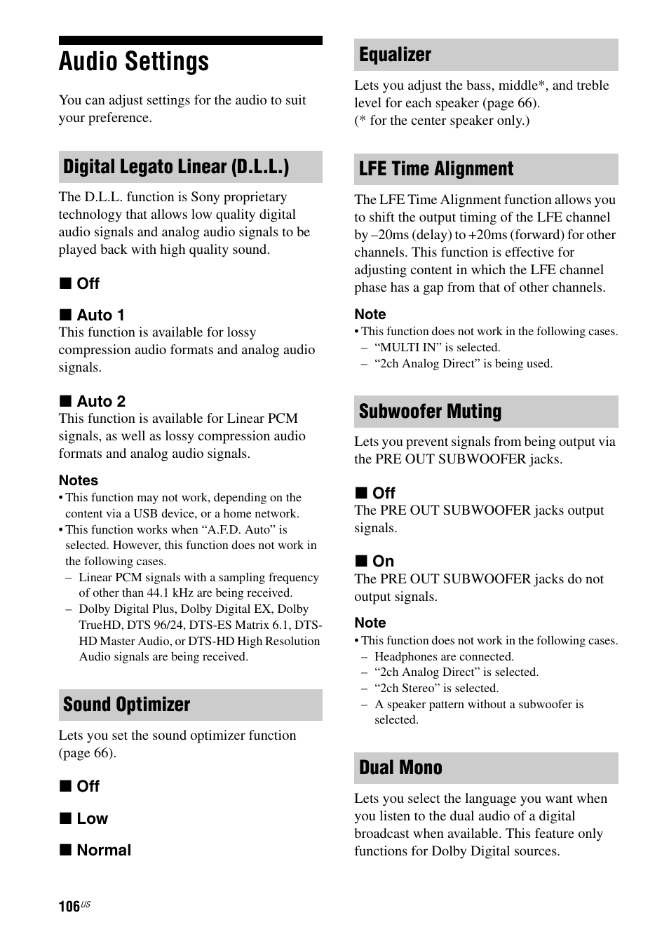 Audio settings | Sony STR-DA5800ES User Manual | Page 106 / 147