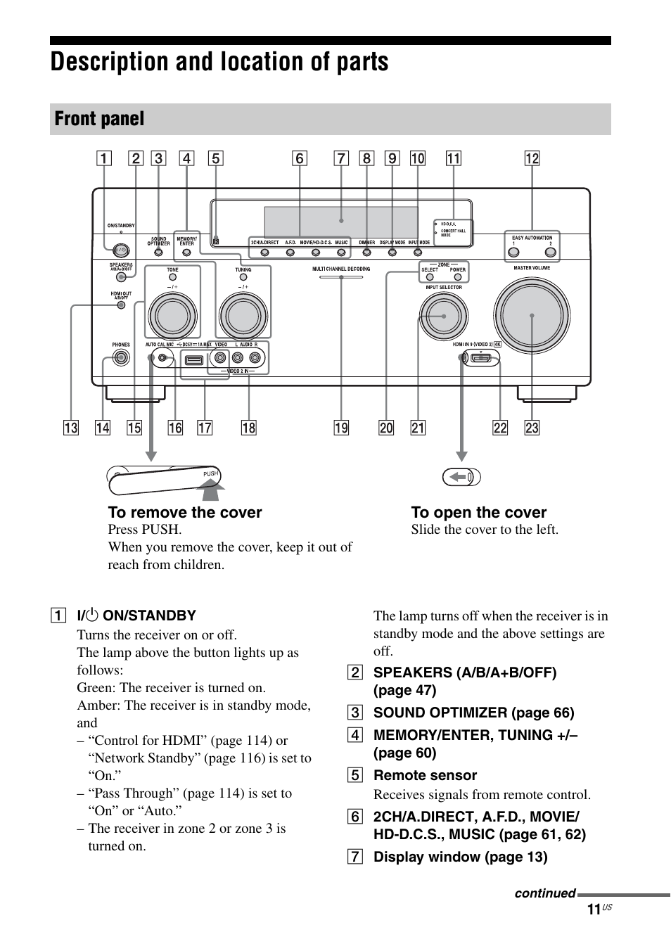 Description and location of parts, Front panel | Sony STR-DA5800ES User Manual | Page 11 / 147