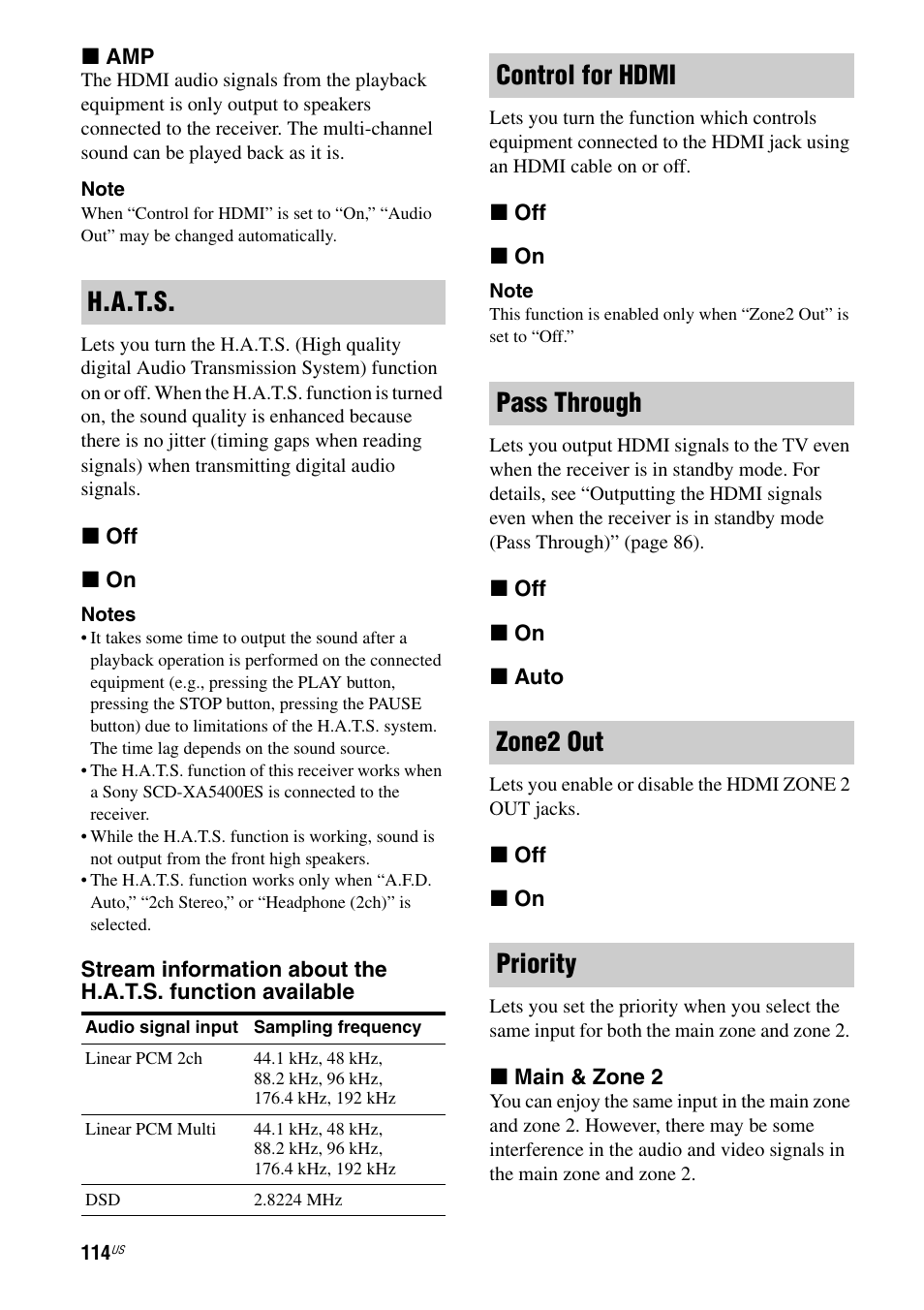 H.a.t.s, Control for hdmi pass through zone2 out priority | Sony STR-DA5800ES User Manual | Page 114 / 147