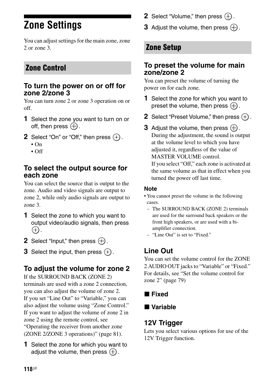 Zone settings, Zone control zone setup | Sony STR-DA5800ES User Manual | Page 118 / 147