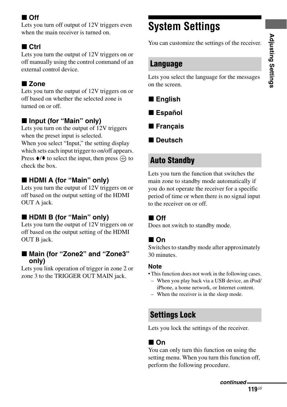 System settings, Language auto standby settings lock | Sony STR-DA5800ES User Manual | Page 119 / 147