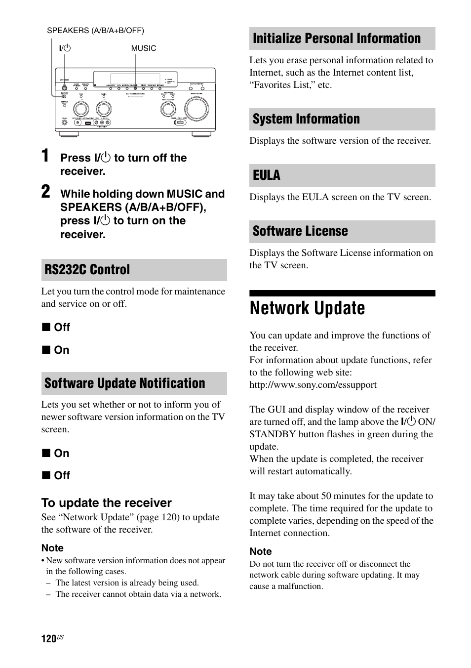 Network update, Rs232c control software update notification | Sony STR-DA5800ES User Manual | Page 120 / 147