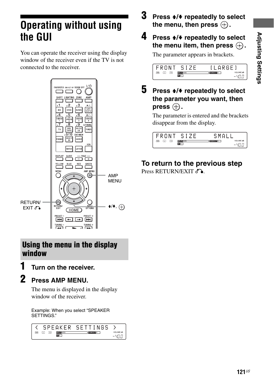 Operating without using the gui, Using the menu in the display window | Sony STR-DA5800ES User Manual | Page 121 / 147