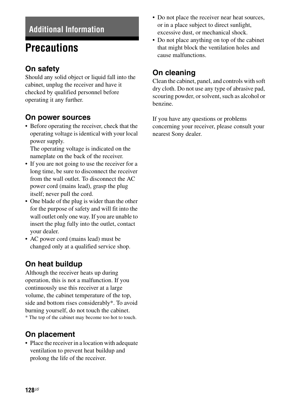 Additional information, Precautions | Sony STR-DA5800ES User Manual | Page 128 / 147