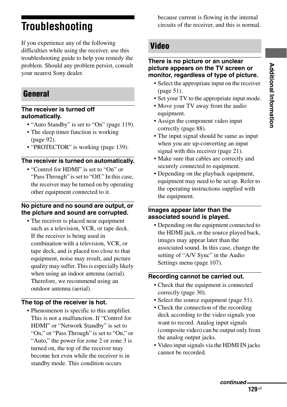 Troubleshooting, General video | Sony STR-DA5800ES User Manual | Page 129 / 147