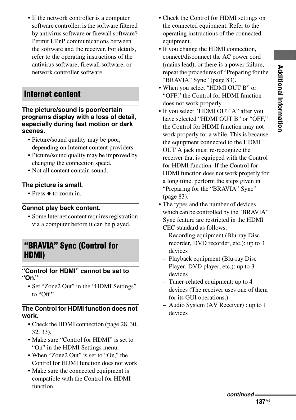 Internet content “bravia” sync (control for hdmi) | Sony STR-DA5800ES User Manual | Page 137 / 147