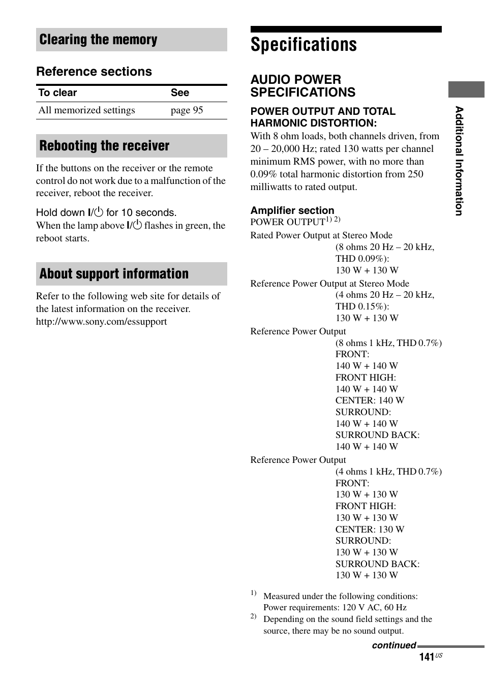 Specifications, Rebooting the receiver about support information, Audio power specifications | Sony STR-DA5800ES User Manual | Page 141 / 147