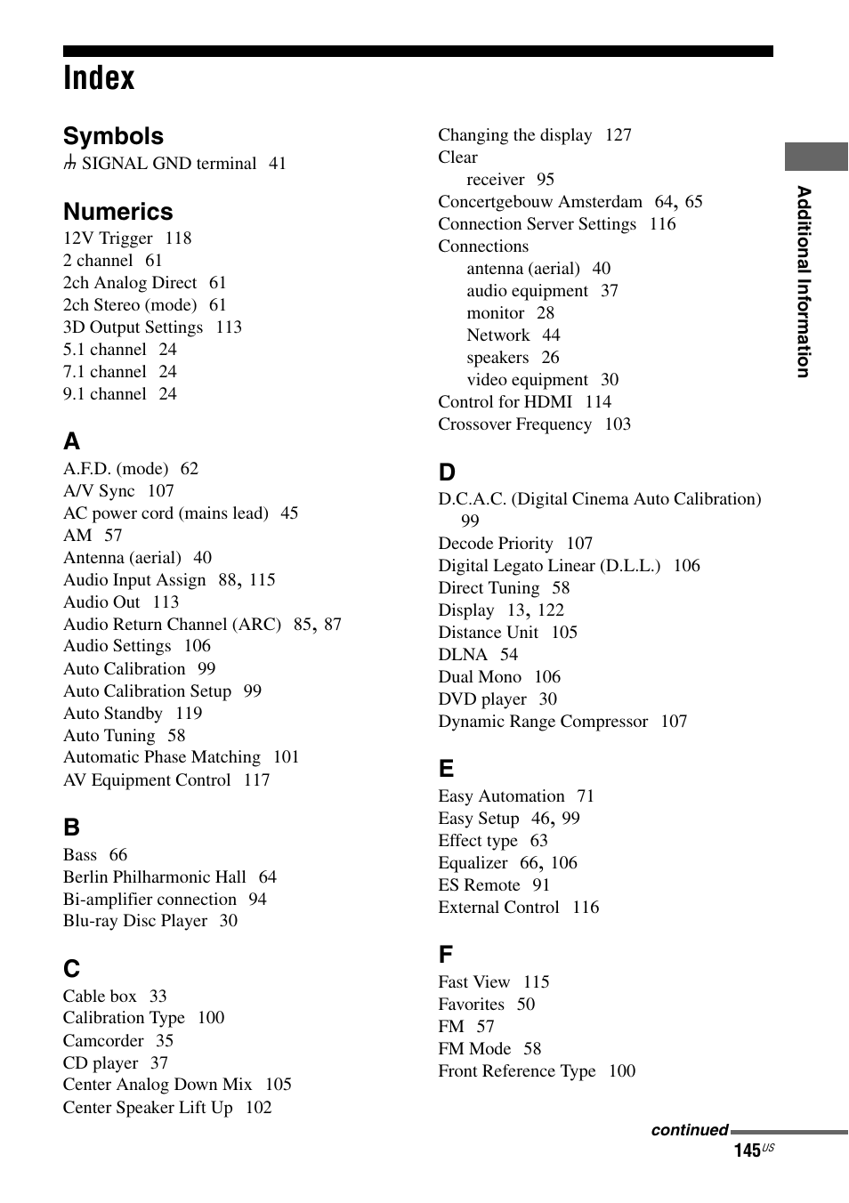 Index, Symbols, Numerics | Sony STR-DA5800ES User Manual | Page 145 / 147