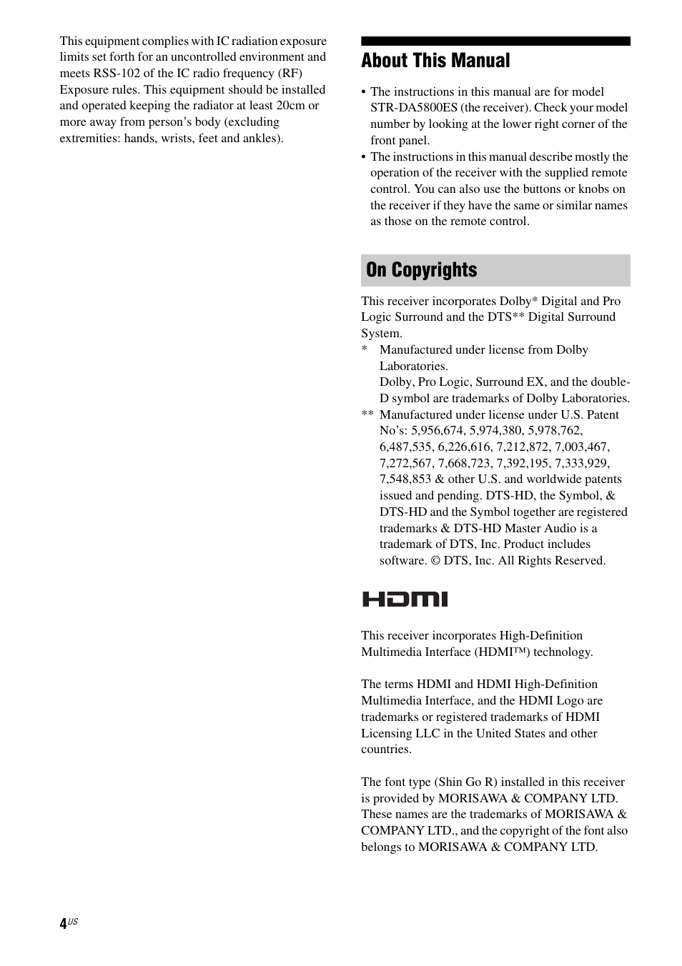 About this manual, On copyrights | Sony STR-DA5800ES User Manual | Page 4 / 147