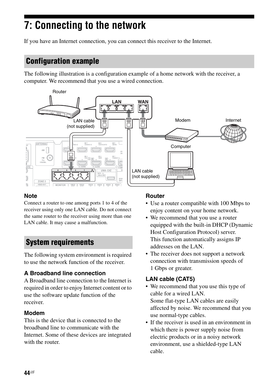 Connecting to the network, Configuration example, System requirements | Sony STR-DA5800ES User Manual | Page 44 / 147