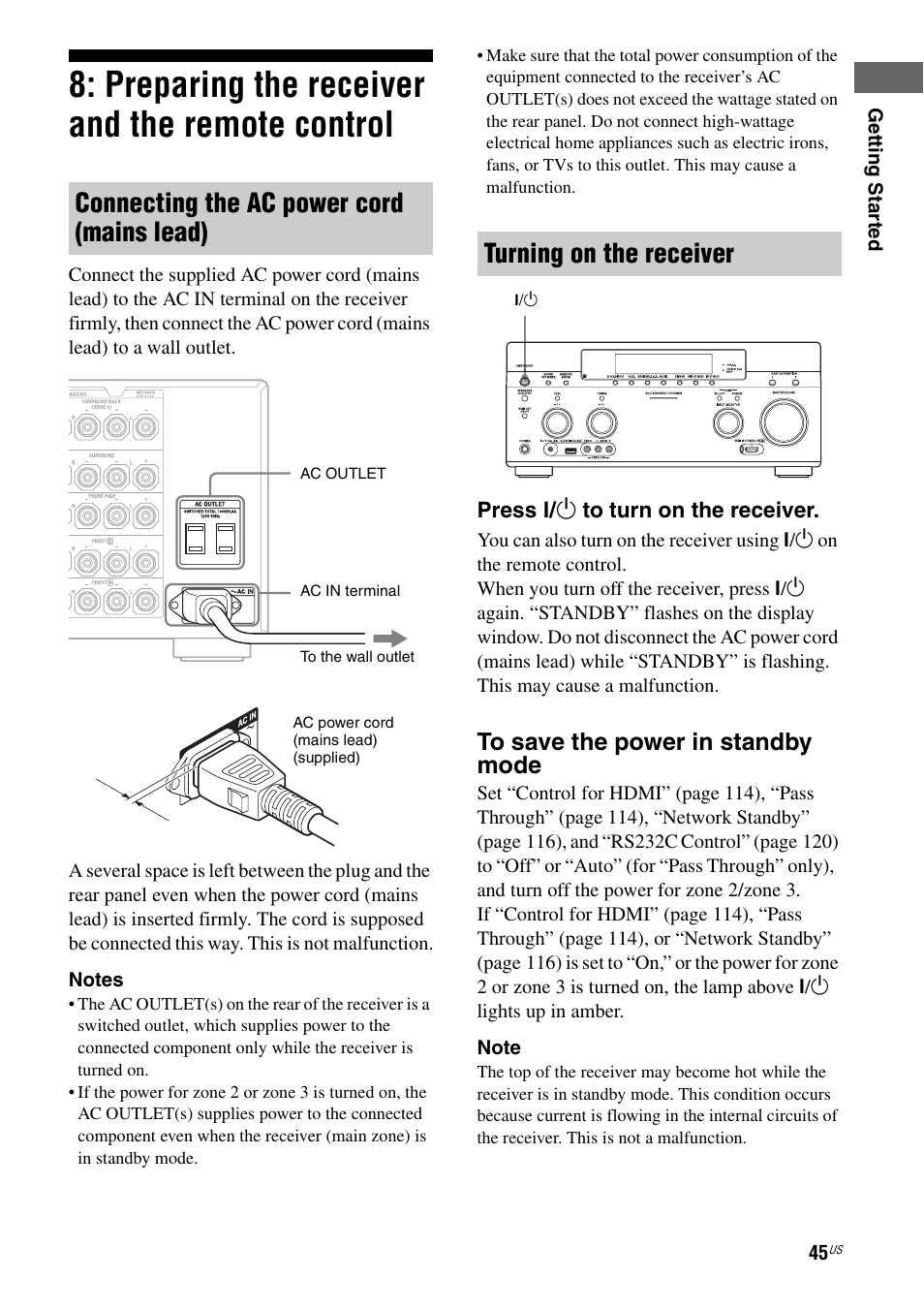 Preparing the receiver and the remote control, Preparing the receiver and the remote, Control | Connecting the ac power cord (mains lead), Turning on the receiver | Sony STR-DA5800ES User Manual | Page 45 / 147