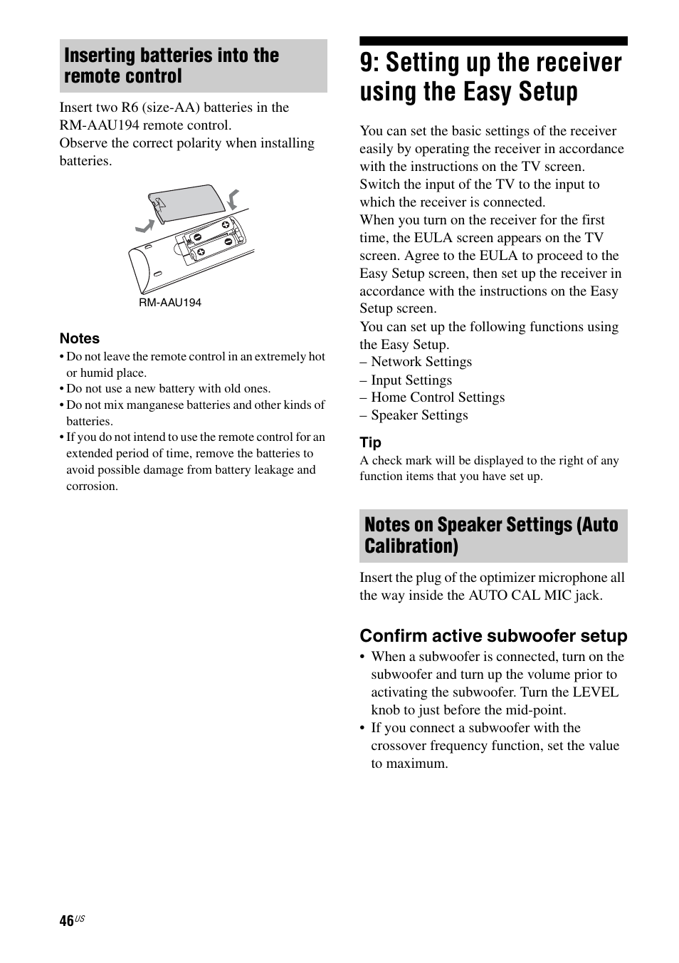 Setting up the receiver using the easy setup, Setting up the receiver using the easy, Setup | Inserting batteries into the remote control, Confirm active subwoofer setup | Sony STR-DA5800ES User Manual | Page 46 / 147