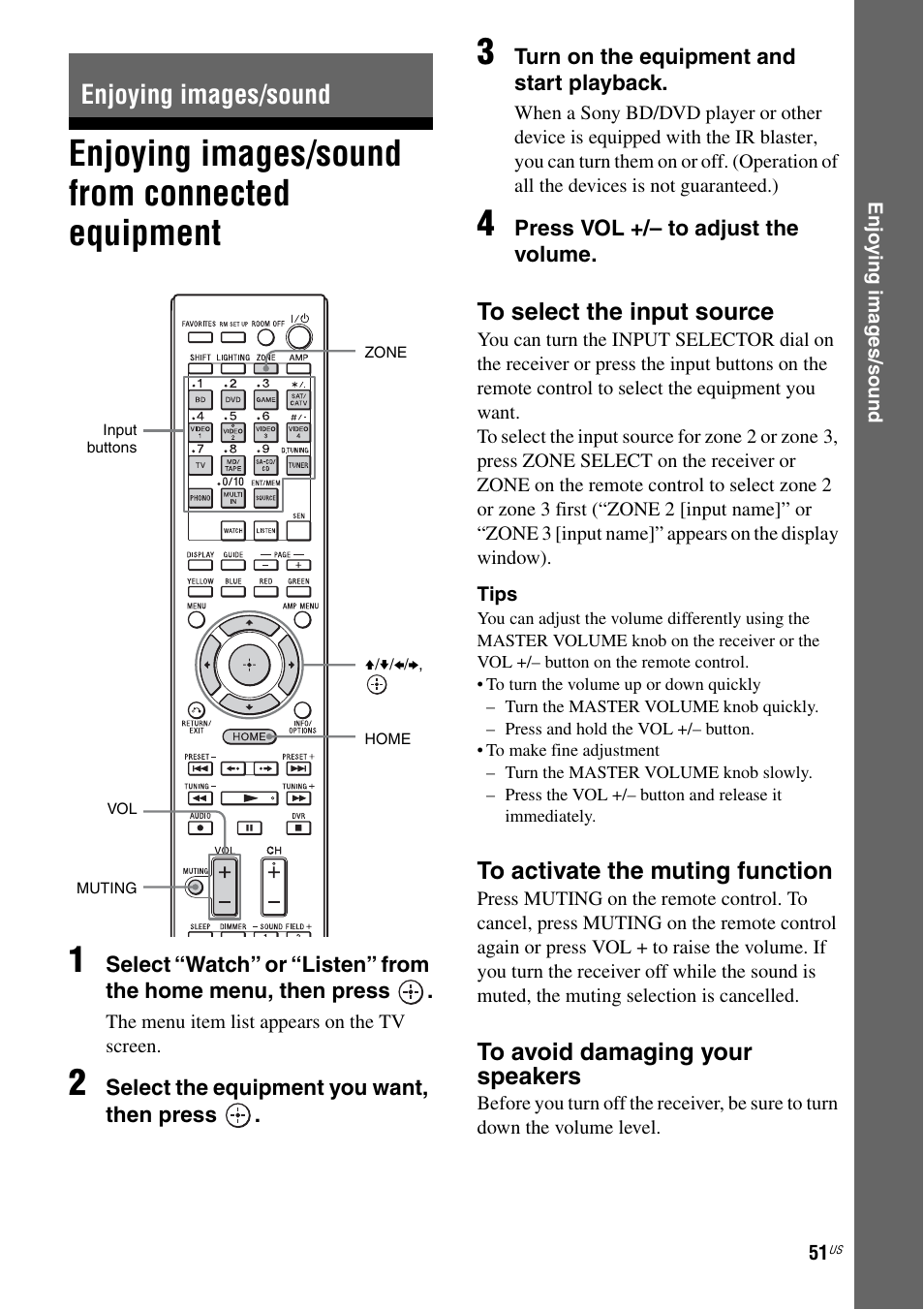 Enjoying images/sound, Enjoying images/sound from connected equipment, Enjoying images/sound from connected | Equipment, Enjoying images/sound from connected equipment 1 | Sony STR-DA5800ES User Manual | Page 51 / 147