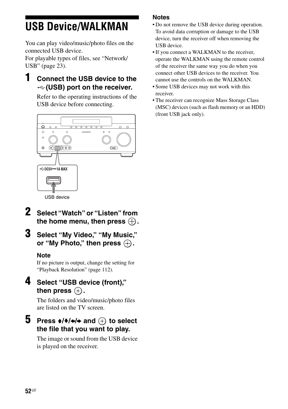 Usb device/walkman | Sony STR-DA5800ES User Manual | Page 52 / 147