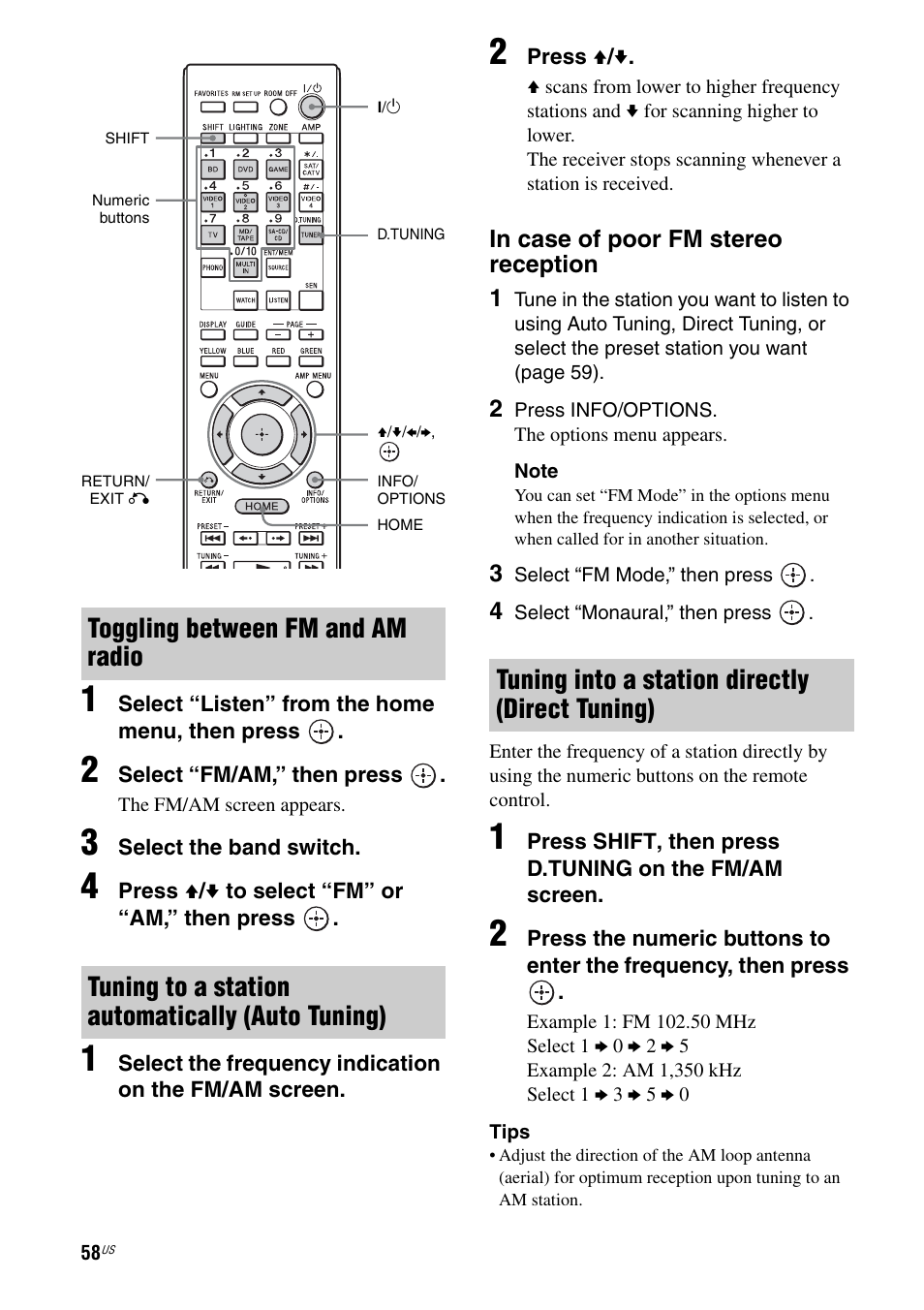 Tuning into a station directly (direct tuning) | Sony STR-DA5800ES User Manual | Page 58 / 147