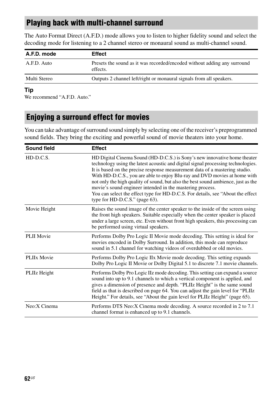 Playing back with multi-channel surround, Enjoying a surround effect for movies | Sony STR-DA5800ES User Manual | Page 62 / 147
