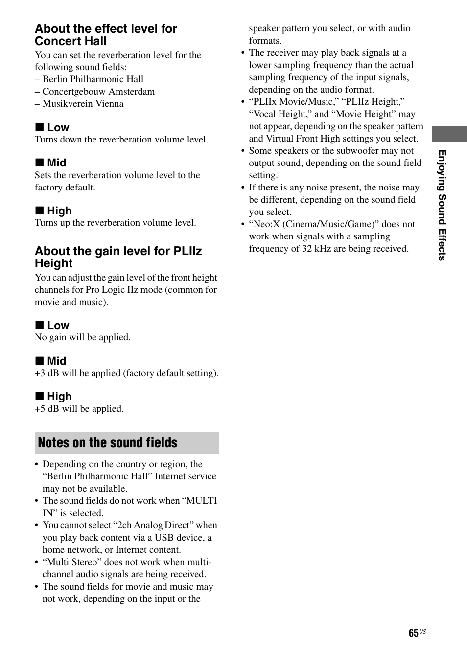 About the effect level for concert hall, About the gain level for pliiz height | Sony STR-DA5800ES User Manual | Page 65 / 147