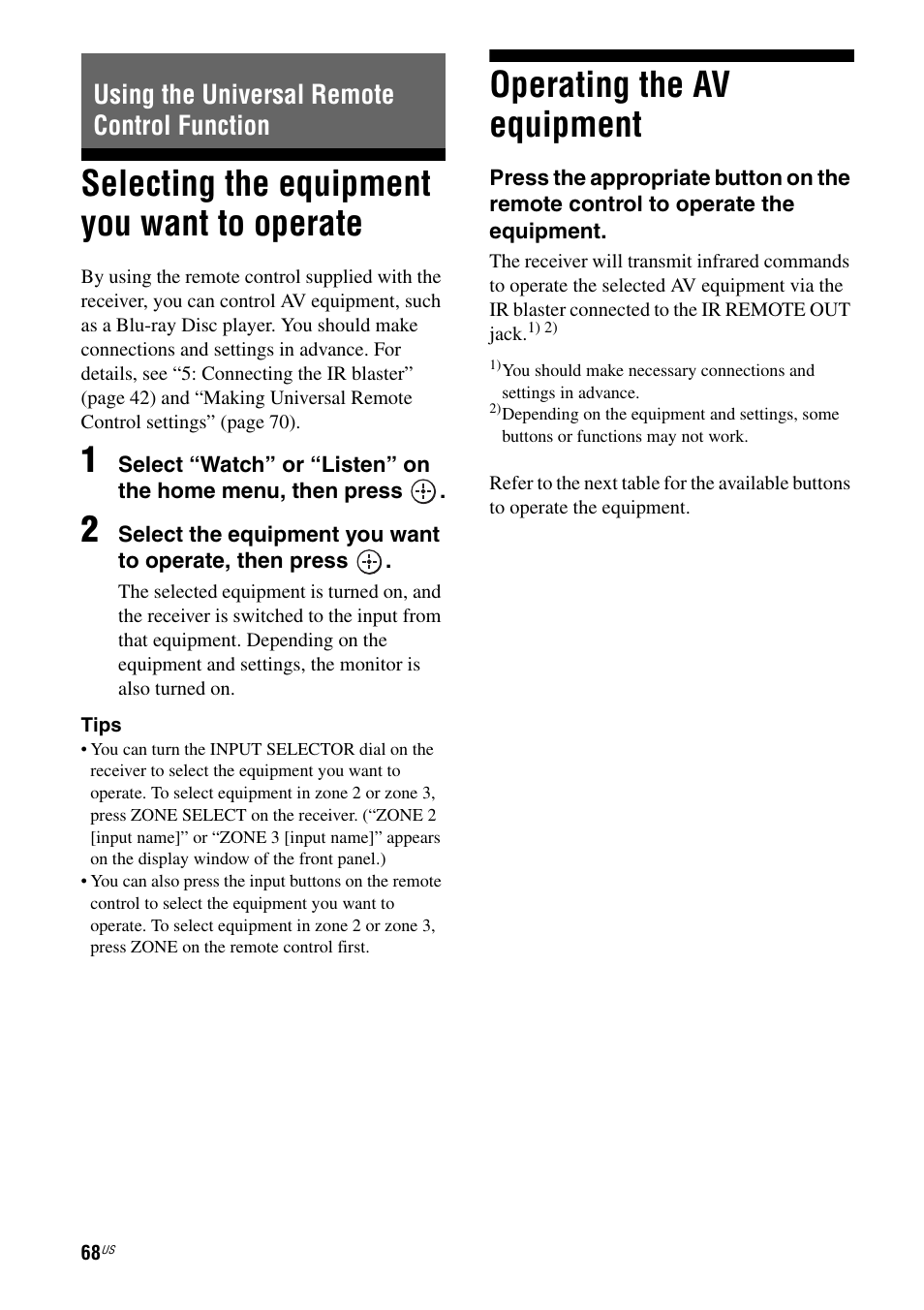 Using the universal remote control function, Selecting the equipment you want to operate, Operating the av equipment | Selecting the equipment you want to, Operate | Sony STR-DA5800ES User Manual | Page 68 / 147