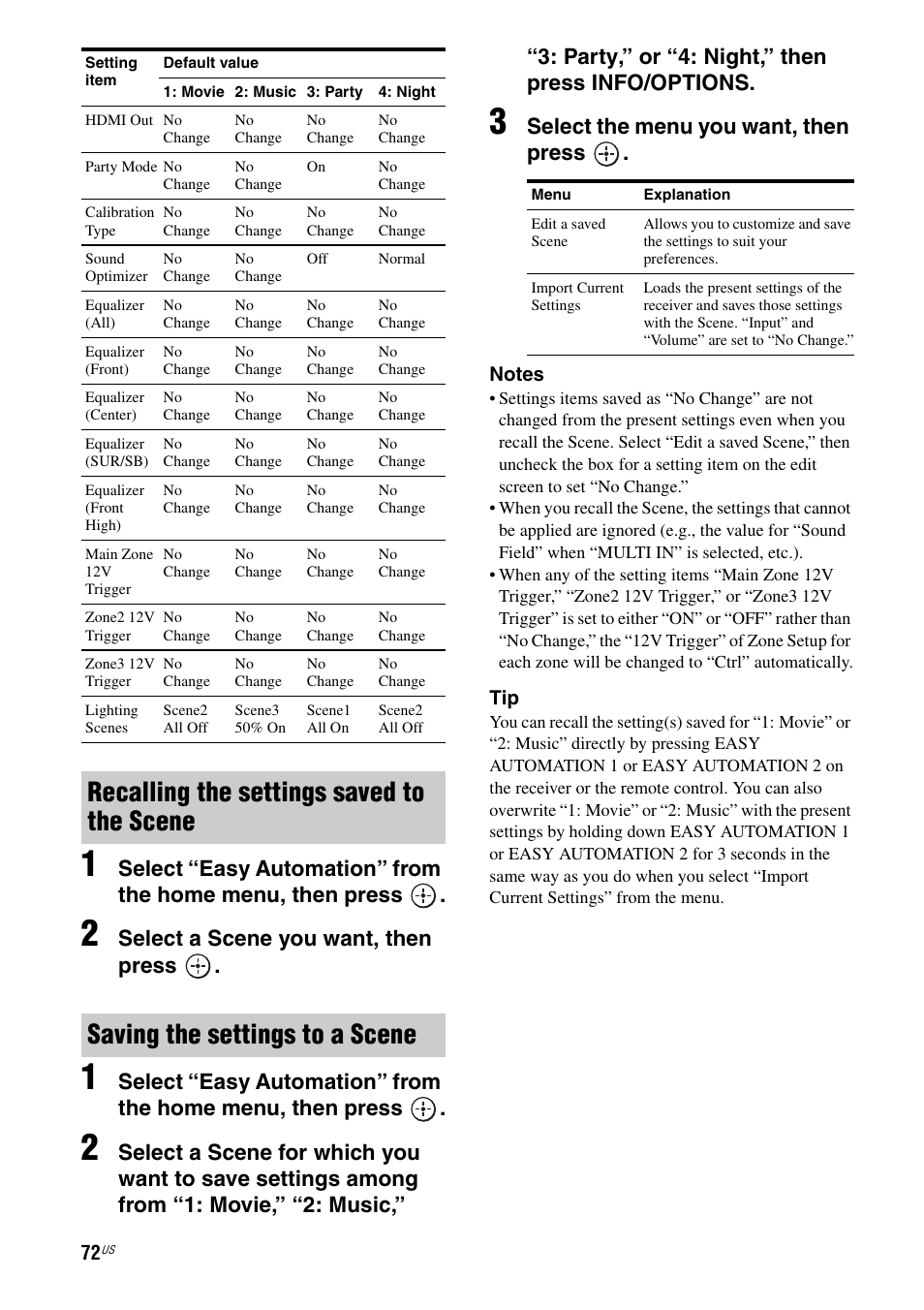 Select a scene you want, then press, Select the menu you want, then press | Sony STR-DA5800ES User Manual | Page 72 / 147