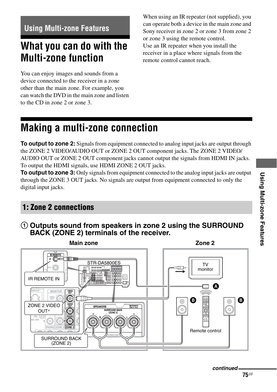 Using multi-zone features, What you can do with the multi-zone function, Making a multi-zone connection | What you can do with the multi-zone, Function, Using multi-zone features 1: zone 2 connections | Sony STR-DA5800ES User Manual | Page 75 / 147