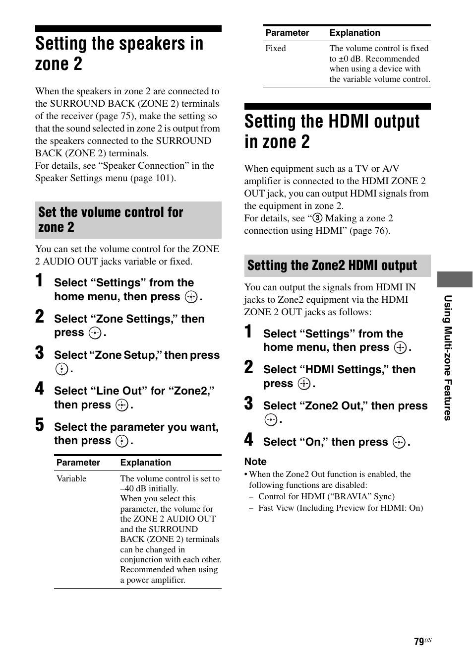 Setting the speakers in zone 2, Setting the hdmi output in zone 2, Set the volume control for zone 2 | Setting the zone2 hdmi output | Sony STR-DA5800ES User Manual | Page 79 / 147