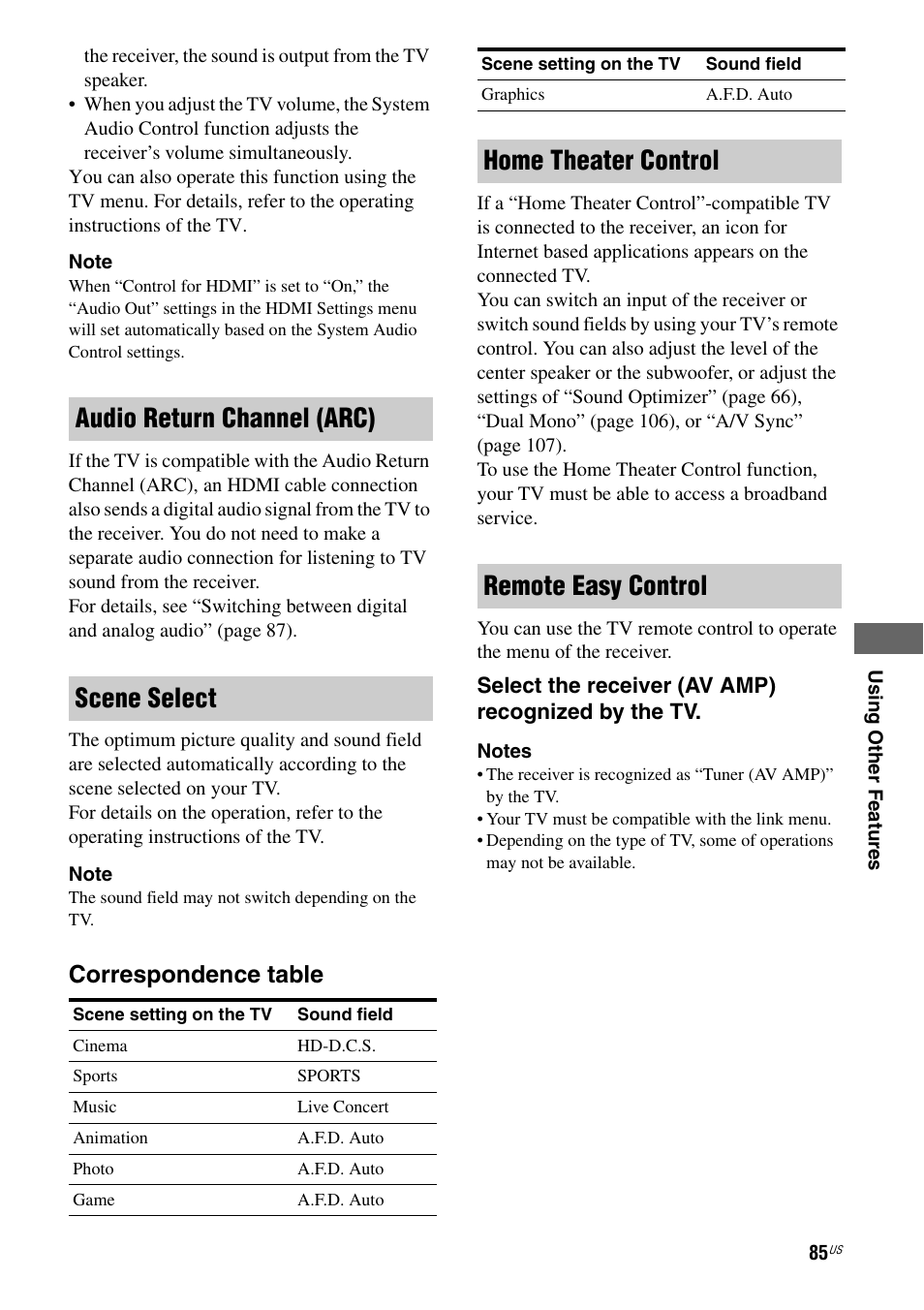 Audio return channel (arc) scene select, Home theater control remote easy control, Correspondence table | Sony STR-DA5800ES User Manual | Page 85 / 147