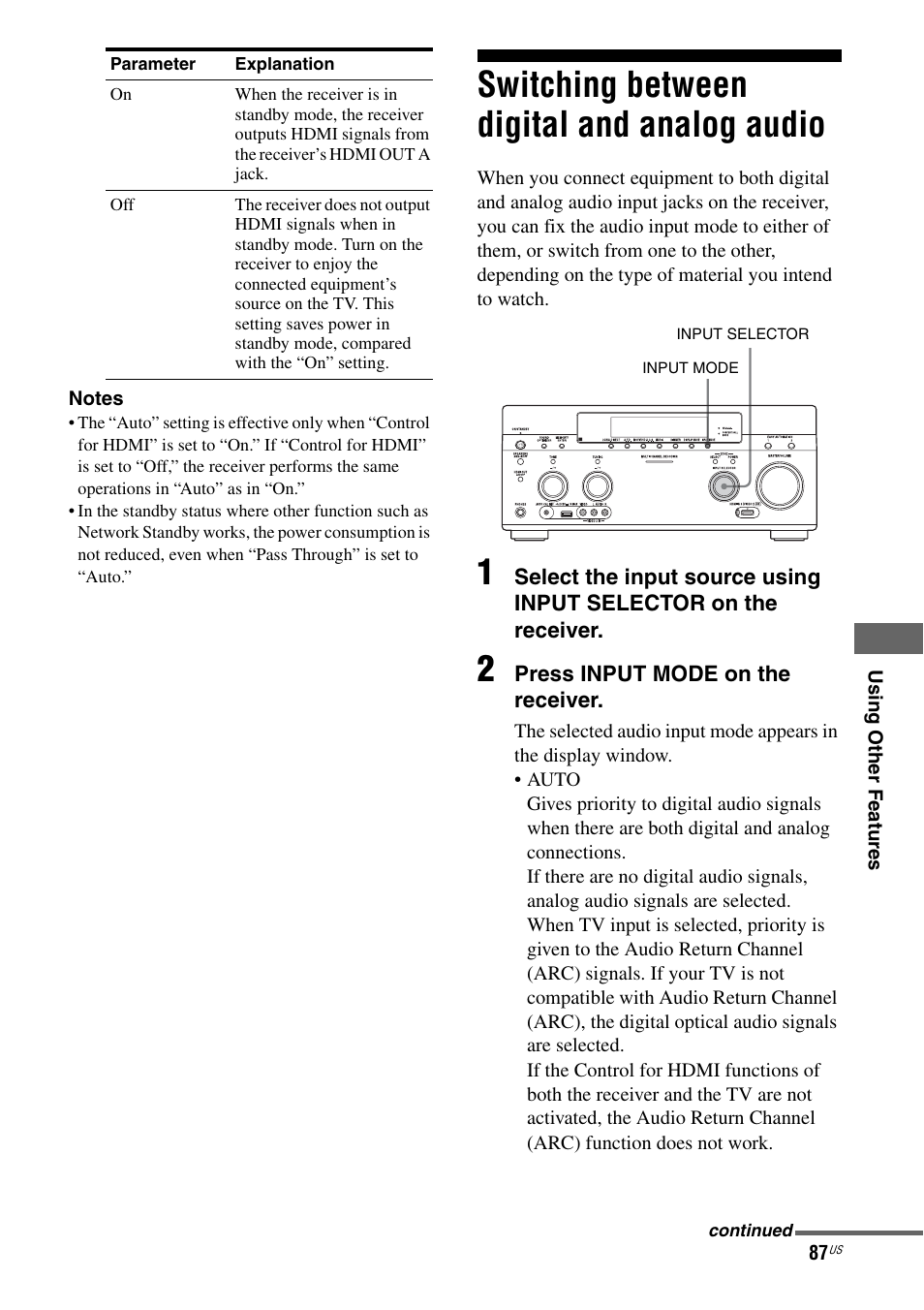 Switching between digital and analog audio, Switching between digital and analog, Audio | Sony STR-DA5800ES User Manual | Page 87 / 147