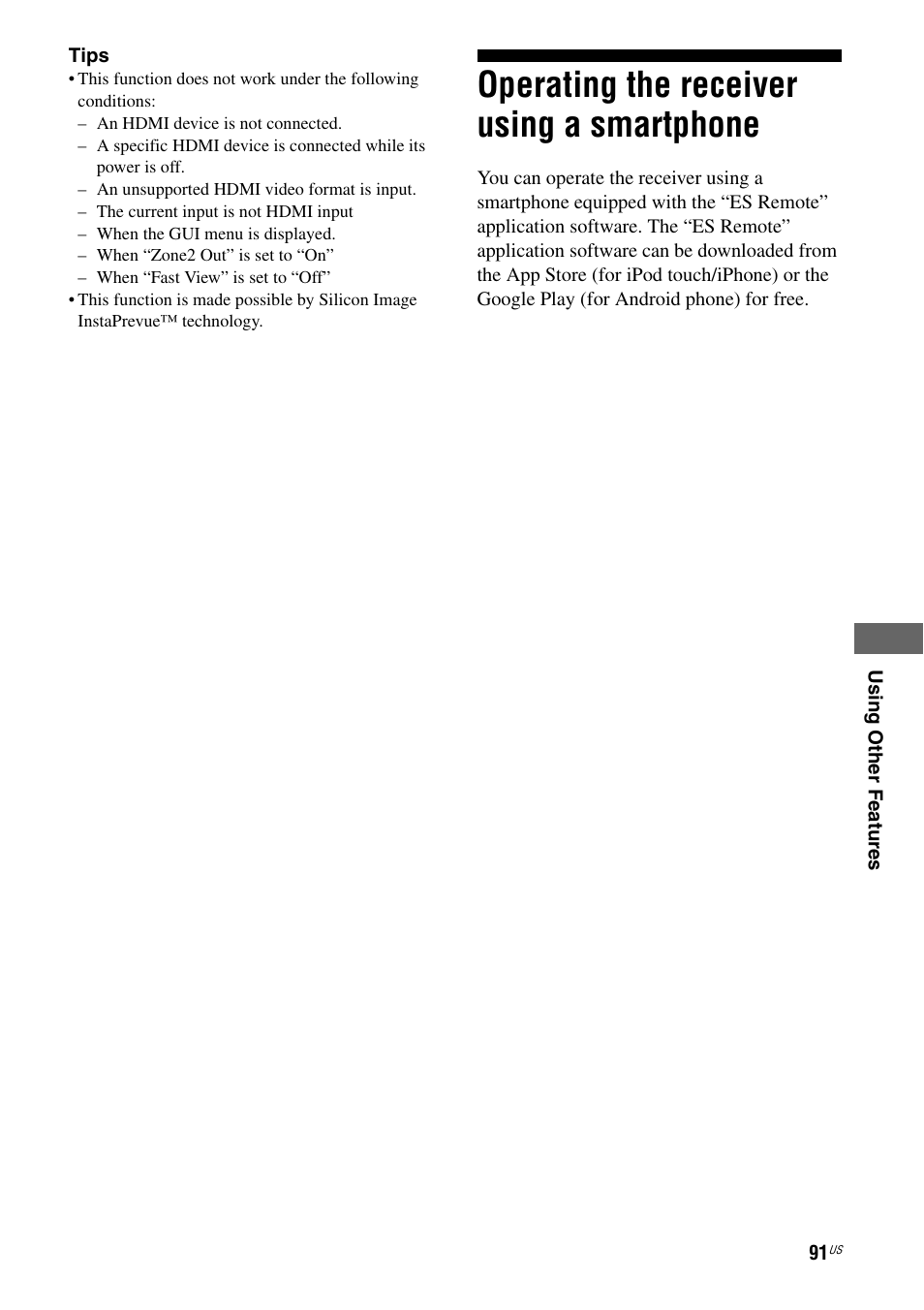 Operating the receiver using a smartphone, Operating the receiver using, A smartphone | Sony STR-DA5800ES User Manual | Page 91 / 147